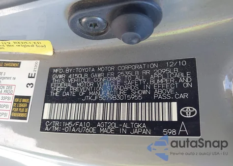 2011 Scion Tc z USA, uszkodzony, nr VIN JTKJF5C79B3015955